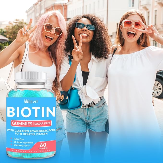 Sugar-Free Biotin Gummies, Biotin and Collagen Gummies with Keratin, Hyaluronic Acid for Women & Men | Hair Growth, Glowing Skin & Strong Nails | Vitamin B7 Supplement, Non-GMO, Chewable