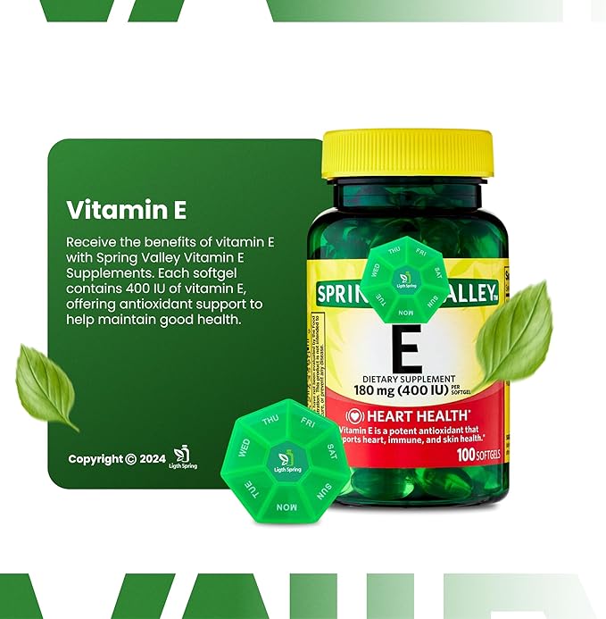 Vitamin E 180 mg (400 IU) 100 Softgels with Bundle Exclusive Vitamins & Minerals - A to Z - Better Ligth&Spring Guide + Weekly Pill Organizer (3 Items)