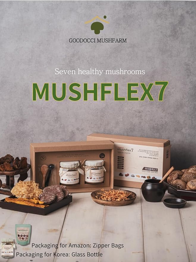K-Food 7 Mushroom Powder Supplement with Phellinus linteus, Red Reishi, Lion’s Mane, Cordyceps, Chaga, Shiitake, Tremella fuciformis, Production of Korea – 4 Ounce