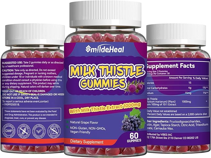 Milk Thistle Gummies, Milk Thistle Extract 1000mg, Liver Detox, Antioxidant Support, Non-GMOs, Non-Gluten, Vegan, Milk Thistle Supplement, 60 Count