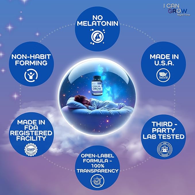I Can Grow Night-Time Sleep Support for Kids 10+ & Teens | Magnesium Bisglycinate + GABA + L-Theanine | Non-Habit Forming | No Melatonin | Natural Calm & Recovery Formula | Vitaminas para Niños