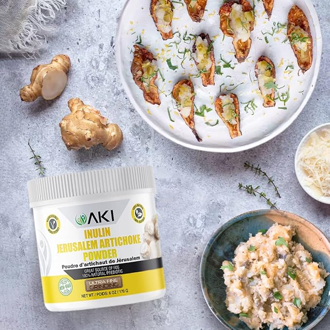 AKI Inulin Jerusalem Artichoke Powder (6oz/170g) Good in Fiber & Prebiotic, Ideal for Coffee, Smoothies, Juice & Other Meals - Vegan, Gluten-Free (Pack of 1)