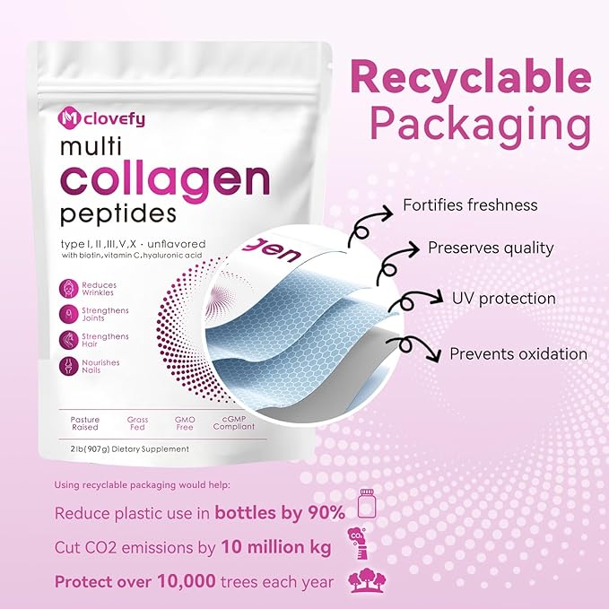Multi Collagen Protein Powder, 2lbs-Unflavored, with Hyaluronic Acid & Vitamin C, Skin, Hair & Joint Support, 32 Oz