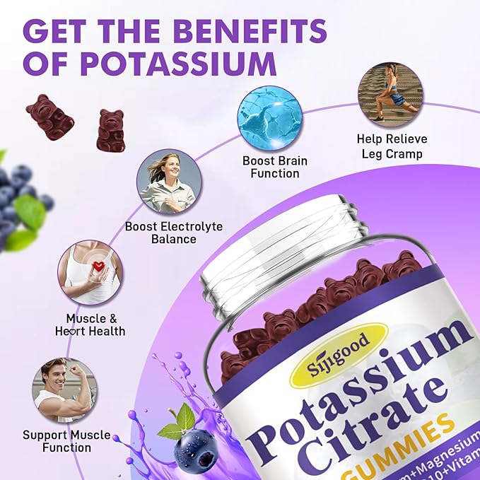 2 Pack Potassium Citrate Gummies, Potassium Supplement for Muscle Health, Leg Cramp Relief & Electrolyte Balance, Vegan, Non-GMO, Gluten-Free, Blueberry Flavor, 120 Count