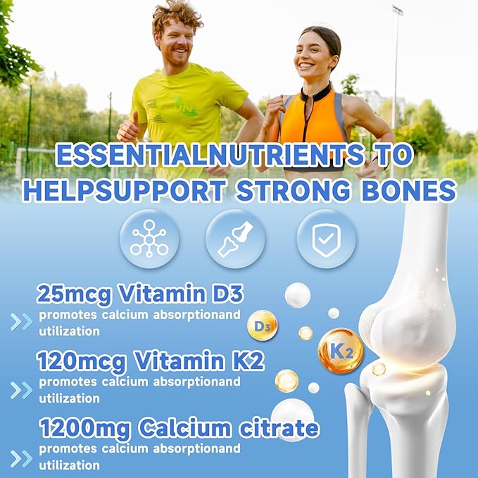 Calcium Citrate Gummies, Chewable Calcium Citrate 1200mg with Vitamin D3 & K2, Magnesium, Zinc for Women & Men, Supports Bone & Muscle Health, Boosts Immunity, Sugar-Free,Gluten-Free, Vegan, 60 Count