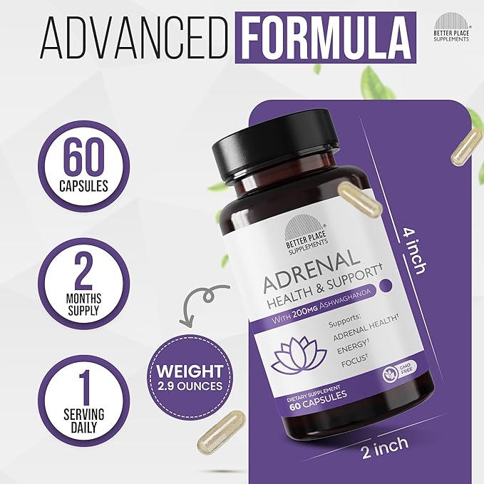 Better Place Supplements Adrenal Health & Support - 60 Capsules | Non-GMO Formula with L-Tyrosine & 200mg Ashwagandha | Supports Energy, Focus, Fatigue Relief (1)