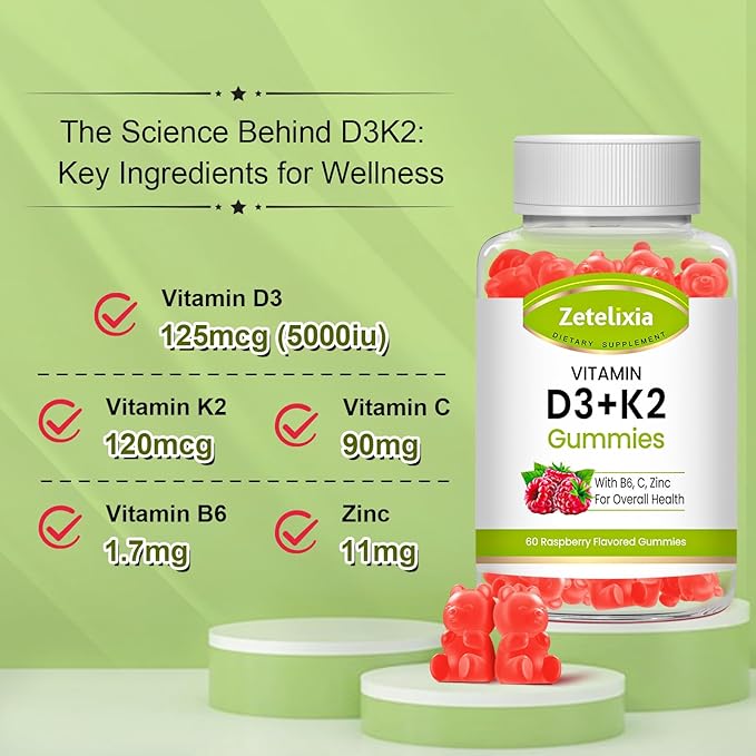 Vitamin D3 K2 Gummies for Adults, Vitamin D3 5000 IU & K2 (MK7) 120mcg, Sugar-Free D3 K2 Supplements with Vitamin B6, C & Zinc, Support Bone, Teeth, Muscle & Immunity, 120 Count