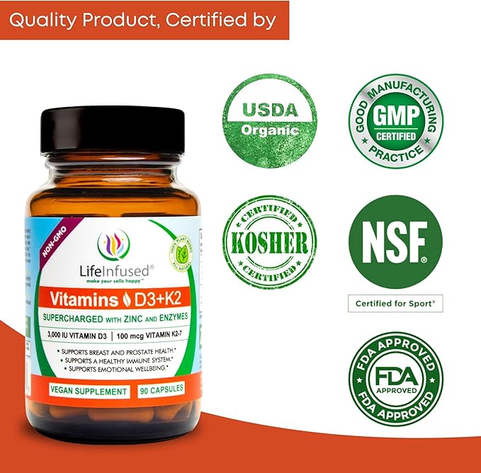 Life Infused Vitamin D3 + K2 Supercharged with Zinc and Enzymes, Help Maintain Healthy Immune System, Bone Health, Emotional Wellbeing, 90 Capsules.