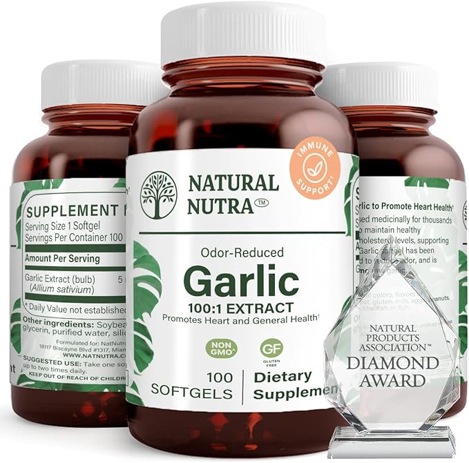 Natural Nutra Odorless Garlic Oil Supplement, Organic Pills for Boost Heart Health & Skin Health, Enhance Immune System, Reduce Cyclical Issue, Maintain Body Fat Oil, Allium Sativum 500mg,100 Softgels