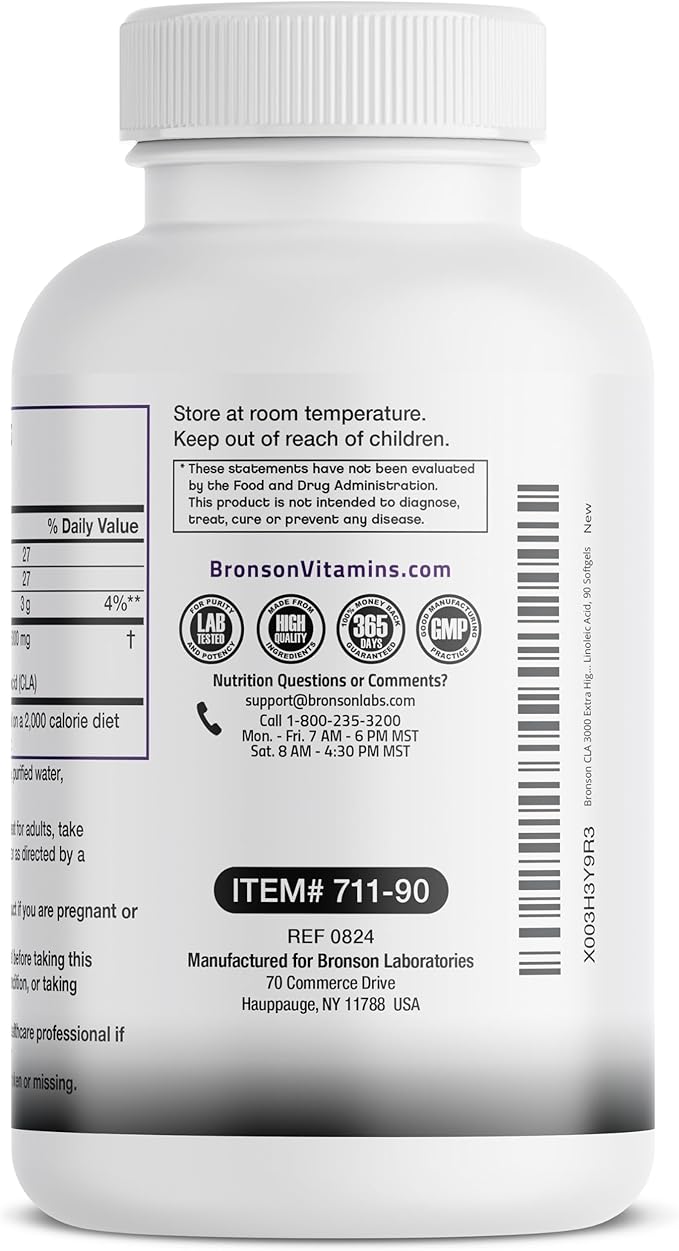 Bronson CLA 3000 Extra High Potency Supports Healthy Weight Management Lean Muscle Mass Non-Stimulating Conjugated Linoleic Acid, 90 Softgels