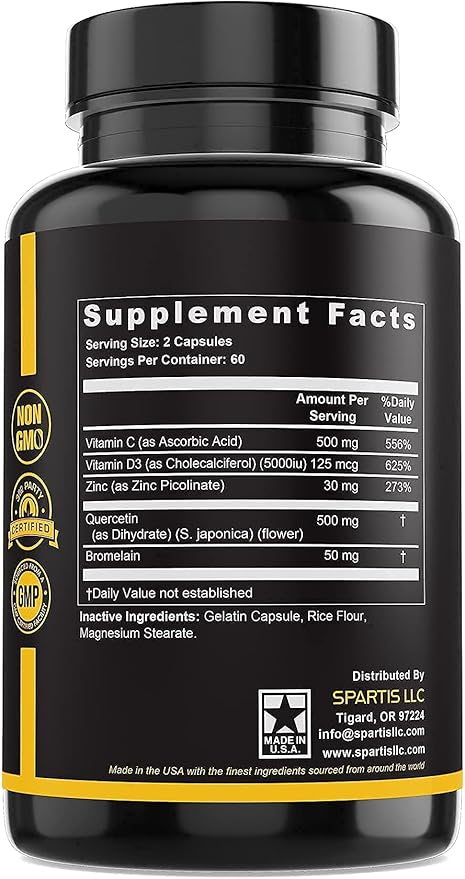 Zinc Quercetin 500mg with Vitamin C Vitamin D3 Bromelain Immune Support High Potency Quercetin Zinc Supplement ZQV by SPARTIS (Pack of 1 Bottle at 120-Caps)