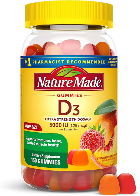 Nature Made Extra Strength Vitamin D3 5000 IU (125 mcg) per serving, Dietary Supplement for Bone, Teeth, Muscle and Immune Health Support, 150 Gummies, 75 Day Supply