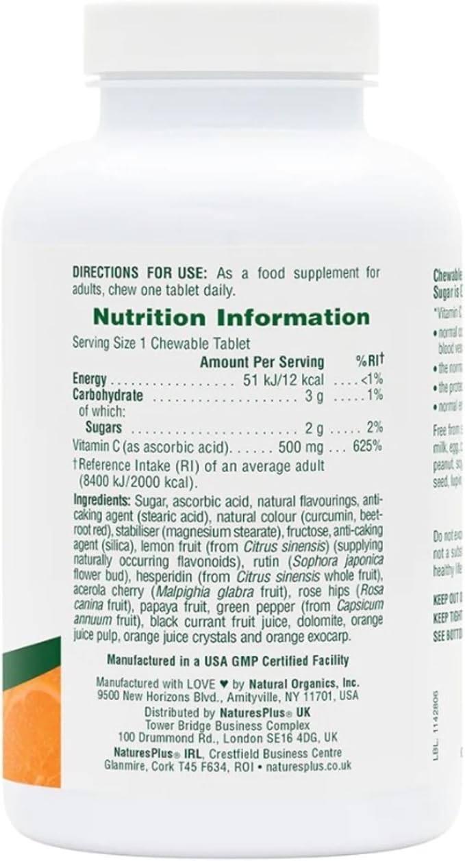 Natures Plus Orange Juice Chewable Vitamin C - 500 mg, 90 Tablets - High Potency Immune & Vascular Health Support Supplement, Antioxidant - Gentle On Stomach - Vegetarian, Gluten-Free - 90 Servings