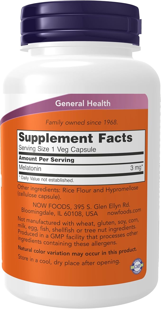 NOW Foods Supplements, Melatonin 3 mg, Free Radical Scavenger*, Healthy Sleep Cycle*, 180 Veg Capsules
