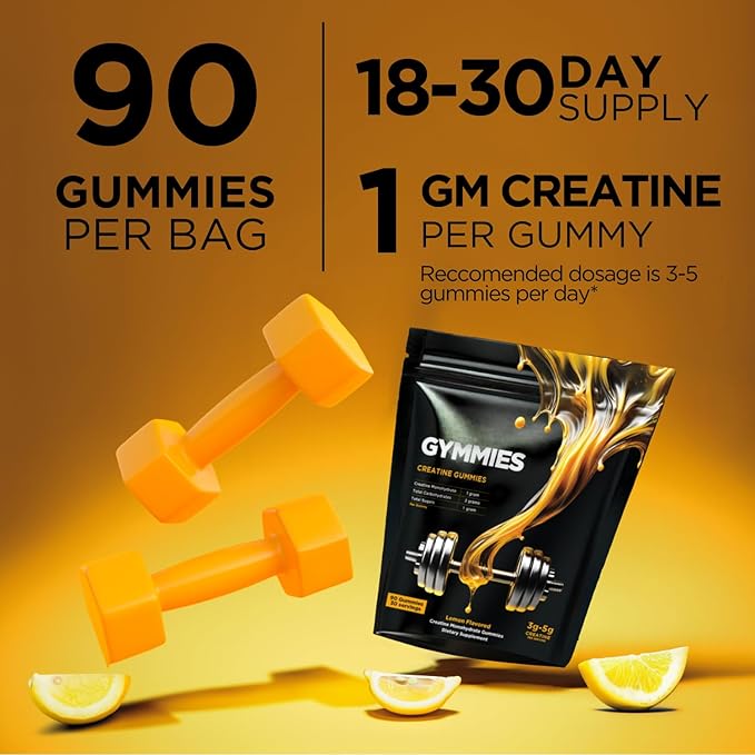 Creatine Monohydrate Gummies - Muscle Growth, Performance, Endurance - 5 Gram Creatine per Serving - Vegan, Non-GMO, Gluten-Free, Made in USA - 90ct - Lemon Flavor