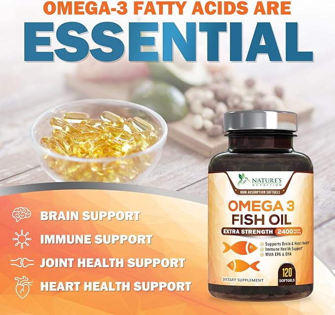 Triple Strength Omega 3 Fish Oil - 2400 mg Natural Omega-3 Supplements Support Brain, Heart & Joint Health with EPA & DHA Essential Fatty Acids - Lemon Flavor, Burpless, Wild Caught - 120 Softgels