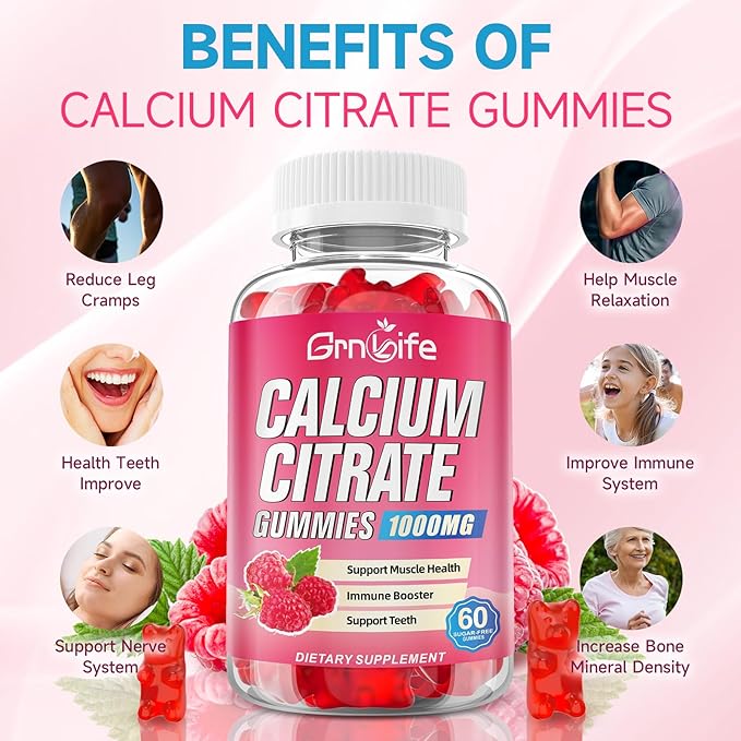 2 Pack Calcium Citrate Gummies, Sugar Free Calcium Citrate 1000mg for Muscle Healthy, Absorption Calcium Supplements for Adults & Kids, Raspberry, 120 Count