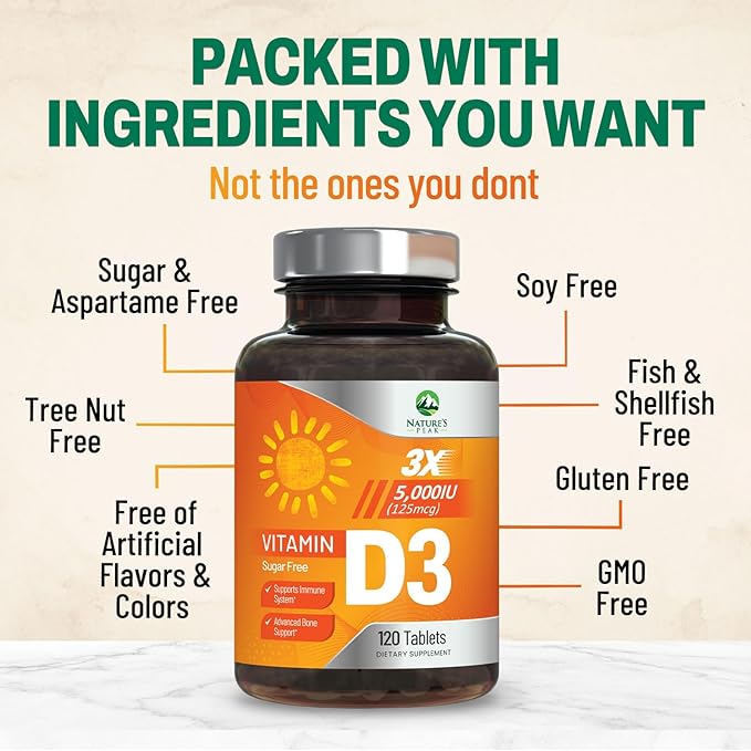 Vitamin D3 5000iu (125 mcg) Immune Health Support - High Potency Vitamin D Dietary Supplement for Bone, Teeth, Muscle - Nature's VIT D, Vegan, Gluten Free, Raspberry Flavor - 120 Chewable Tablets