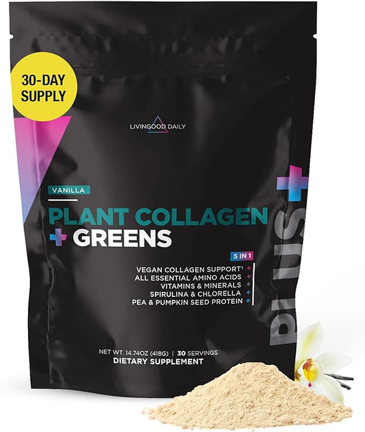 Livingood Daily Plant Collagen Powder (Vanilla) - Collagen Protein Powder with Vitamin C, Spirulina & Amino Acids for Healthy Hair, Skin & Nails - Energy & Muscle Growth Formula - Vegan, 30 Servings