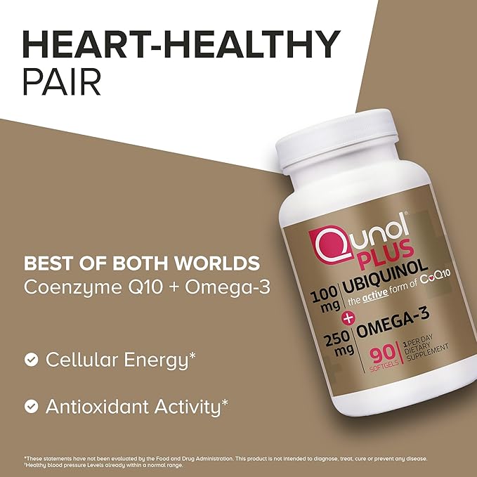 Qunol Plus Ubiquinol with Omega-3 Fish Oil - Antioxidant Supplement for Heart Health and Energy Production, Active Form of CoQ10, 90 Count