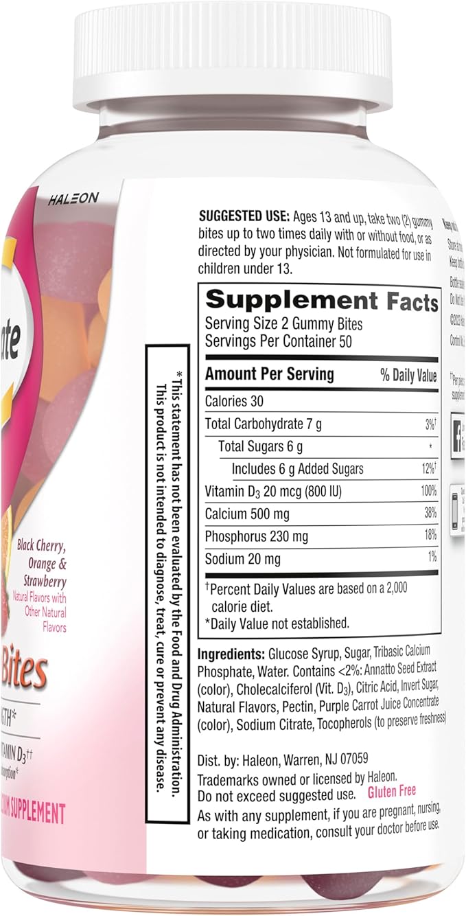 Caltrate Gummy Bites 500 mg Calcium and Vitamin D Supplement, Black Cherry, Strawberry, Orange - 100 Count