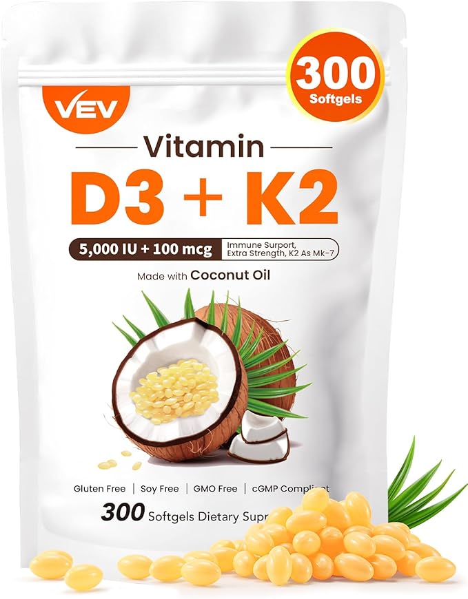 VEV Vitamin D3 K2, 5000 IU D3 100mcg K2 (MK 7), 300 Softgels, 2-in-1 Vitamin D & K Supplement with Coconut Oil, Supports Calcium Absorption and Bone Health, Easy to Swallow