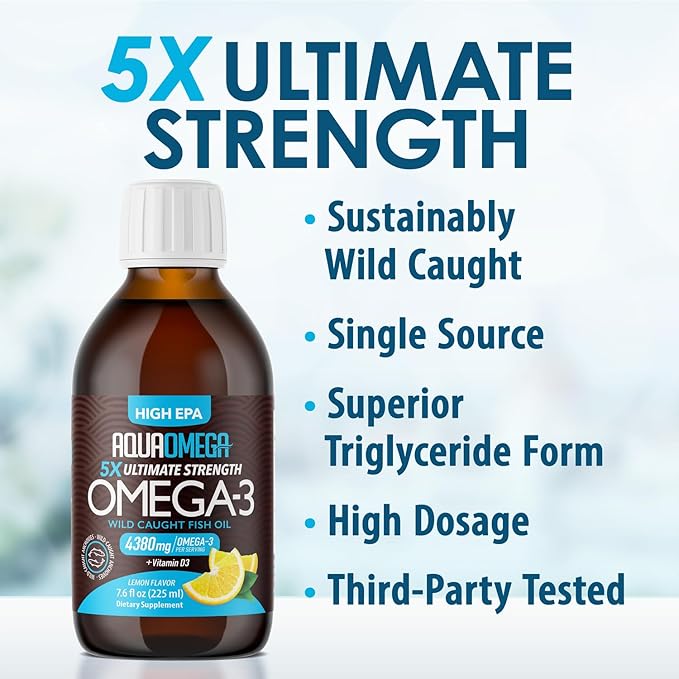 5X Ultimate Strength Liquid Fish Oil Supplements, Wild Caught Omega 3 Fish Oil Liquid 4380mg, High EPA DHA Omega 3 Supplement with Vitamin D, 3380mg EPA, 670mg DHA, 7.60floz (225ml), Lemon Flavor