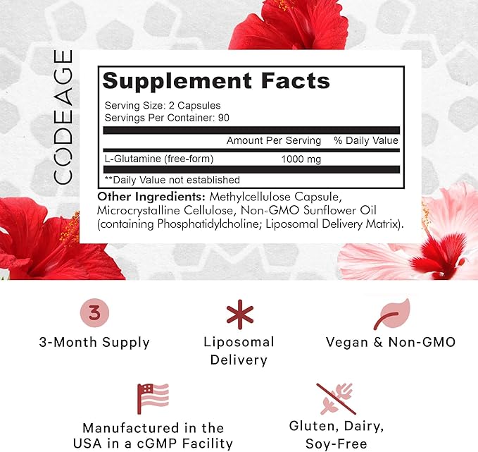 Codeage Liposomal L-Glutamine Capsule Supplement - 1,000 mg L-Glutamine per Serving - 3-Month Supply - Liposomal Delivery, Vegan Pills, Non-GMO, Gluten-Free Amino Acid - 180 Capsules
