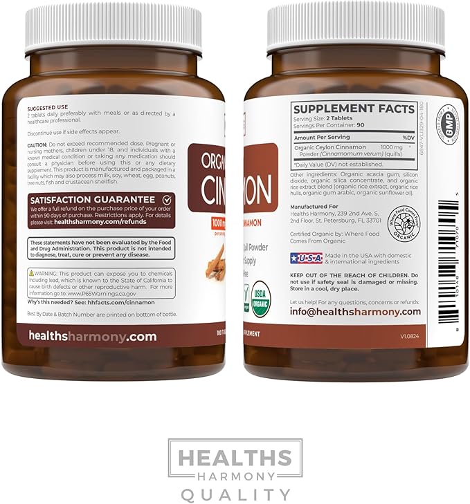 USDA Organic Ceylon Cinnamon (180 Tablets) 1000mg Cinnamon Quill Powder per Serving - Natural Cinnamon Supplements for Effective Metabolism, Cognative, Joint, Immune Support - (No Capsules or Pills)