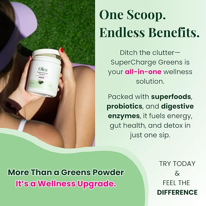 Olea Supercharge Greens Powder, Superfood Blend with Spirulina, Chlorella, Barley & Wheat Grass, 10 Billion CFU Probiotics & Digestive Enzymes for Energy, Detox, & Gut Health – Elderberry