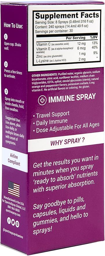 Spectraspray Immune Support Vitamin Spray - Vitamins C, E, Zinc and L-Lysine, 30 Day Supply per Spray