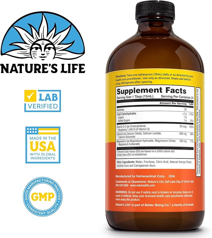 NATURE'S LIFE Liquid Calcium Magnesium Supplement with Vitamin D 3 - Bone Health, Muscle, Heart Health and Immune Support - Natural Orange Flavor, 60-Day Guarantee, Lab Verified, 31 Servings, 16 FL OZ