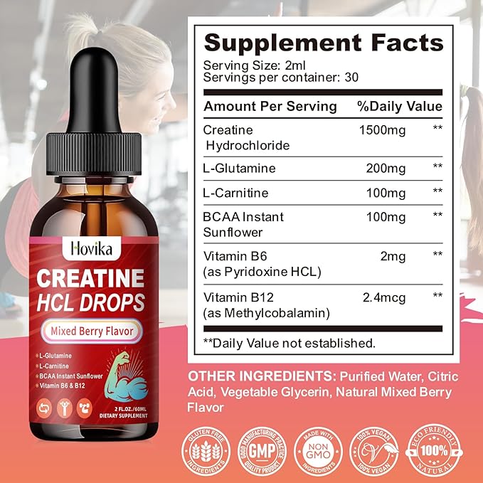 Creatine HCL Liquid Drops for Men & Women, Creatine Hydrochloride with L-Carnitine, L-Glutamine, BCAA, Vitamin B12 & B6 for Muscle Growth & Recovery-Vegan, Mixed Berry Flavor Flavor, 4 Fl Oz