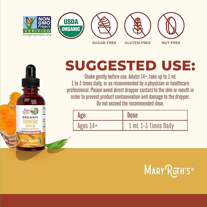 MaryRuth Organics USDA Turmeric Gold Liquid Drops | Herbal Blend | Turmeric Curcumin | Black Pepper | Cassia Cinnamon Bark | Ginger Root | Immune Support | Non-GMO Project Verified | Vegan | 1oz