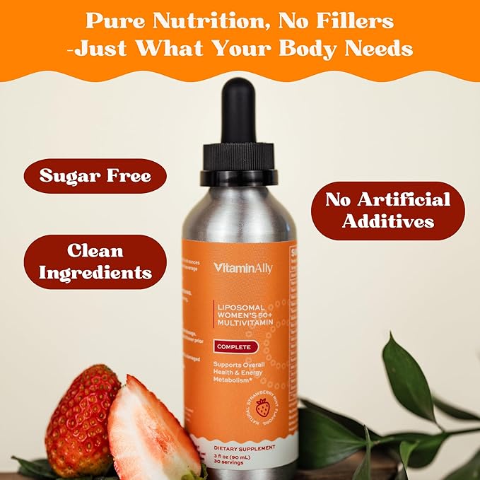 Liposomal Women's 50+ Liquid Multivitamin Drops | Non-GMO | Sugar Free | Supports Immunity, Overall Health and Energy | 30 Day Supply | 3 FL Oz (Natural Strawberry Flavor)