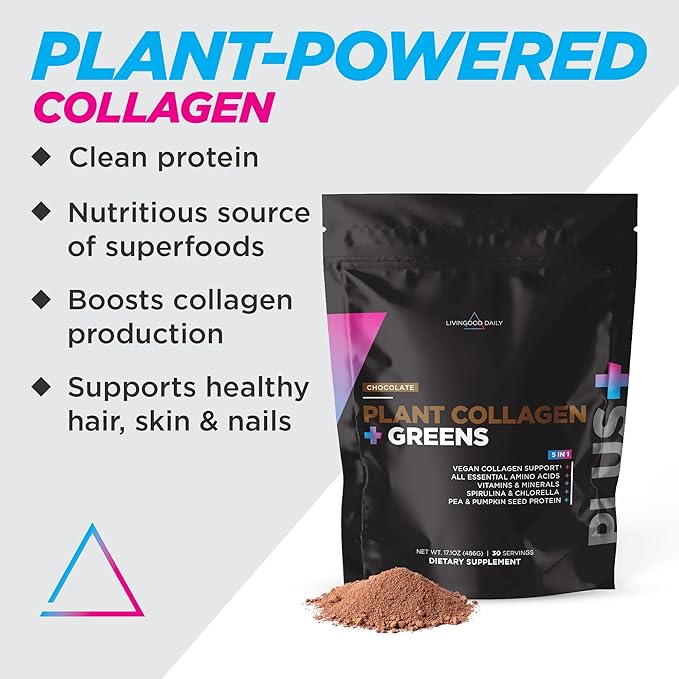Livingood Daily Plant Collagen Powder (Chocolate) - Collagen Protein Powder with Vitamin C, Spirulina & Amino Acids for Healthy Hair, Skin & Nails - Energy & Muscle Growth Formula - Vegan, 30 Servings