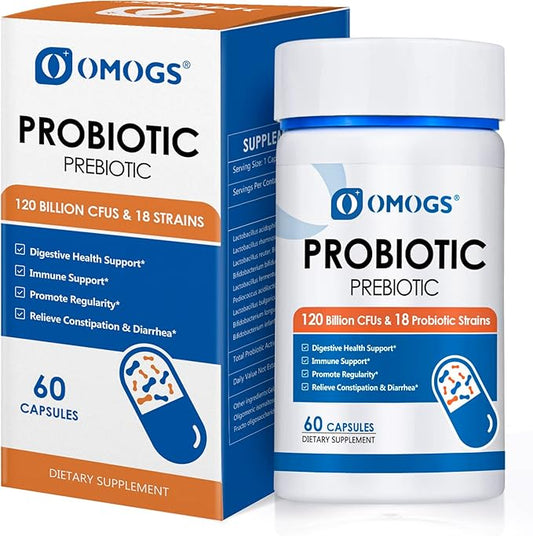 Probiotics 120 Billion CFUs 18 Strains, 3 Prebiotics & Digestive Enzymes, Helps Digestive, Gut Health, Immune, Supports Occasional Constipation, Diarrhea & Gas - for Women & Men, 60 Capsules