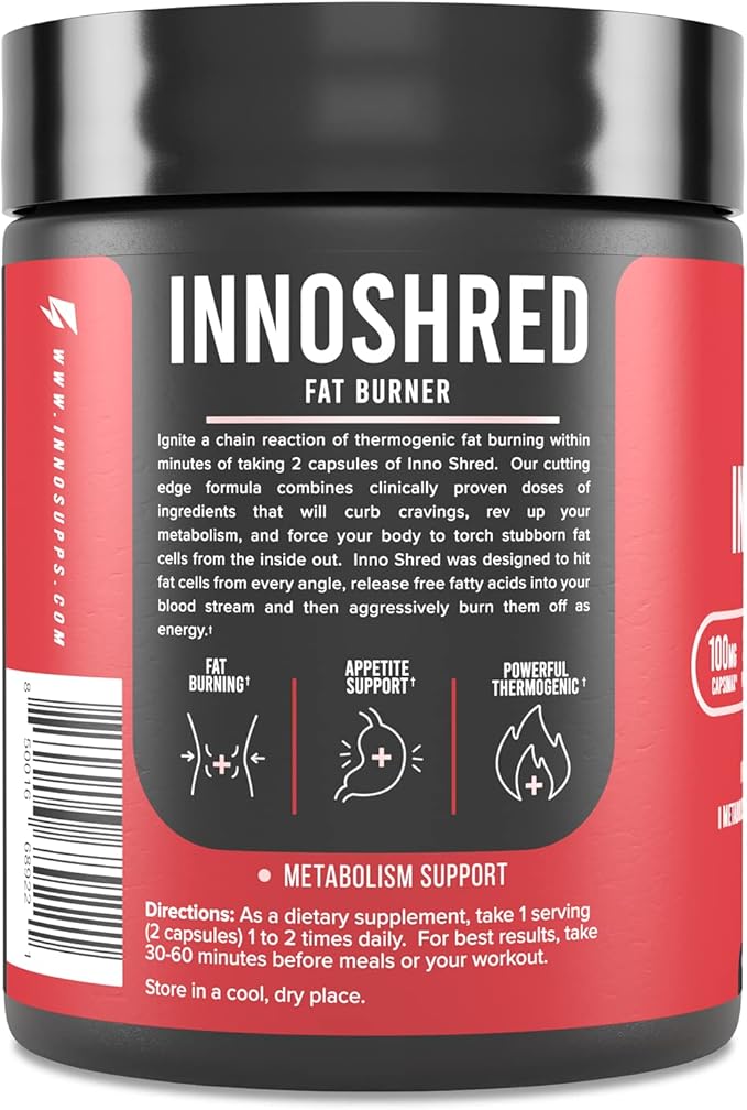 Inno Shred Fat Burner for Men and Women with 100mg Capsimax, Grains of Paradise, Organic Caffeine, Green Tea Extract, Appetite Suppressant, Weight Loss (60 Veggie Capsules) | (with Stimulant)