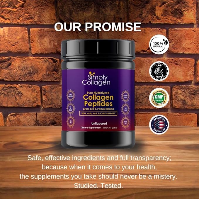 Simply Collagen® Hydrolyzed Collagen Peptides - Enhances & Strengthens Hair, Skin, Nails, Bones & Joints - Grass Fed, Type I & III - 41 Servings Per Container