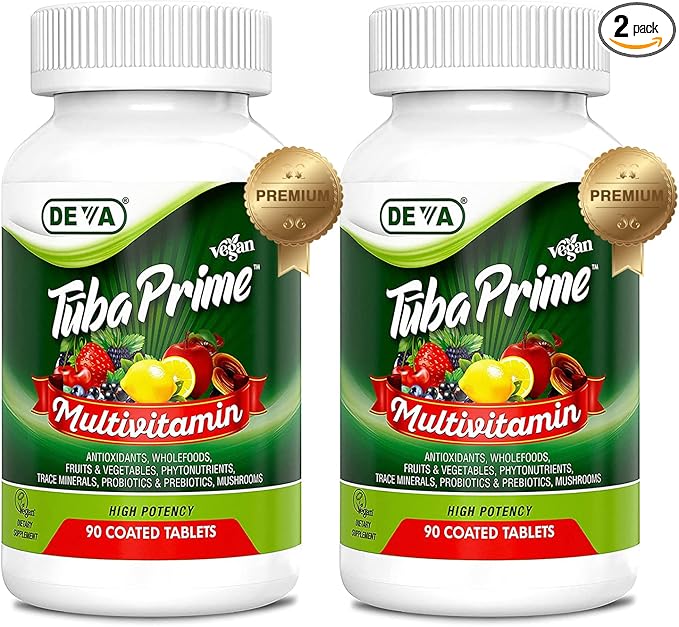 DEVA Tuba Prime Vegan Multivitamin High-Potency Vitamin and Mineral Dietary Supplement Antioxidants, Fruit and Vegetable Blend, Super Mushrooms, Probiotics, Prebiotics, Seeds, Herbs - 90 Tabs, 2-Pack