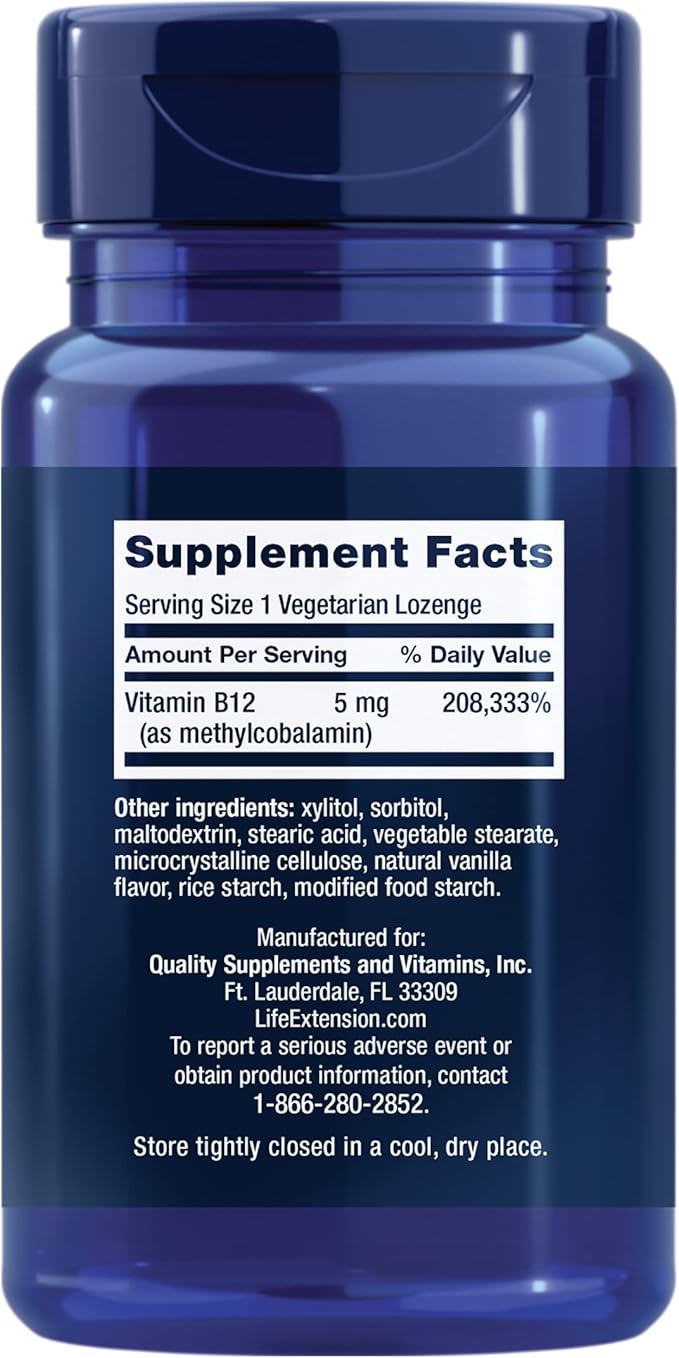 Life Extension Vitamin B12 Methylcobalamin, Nerve Health Supplement, Cognitive Support, Energy Vitamin, methylcobalamin B12, 5 mg, Quick-Dissolving, Gluten-Free, Non-GMO, Vegetarian, 60 lozenges