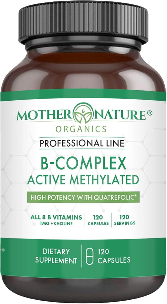 Mother Nature Organics Methylated B Complex – Bioactive B Vitamins with Methyl B12, B1, B3 Niacin, B6, Folate & Biotin – Supports Energy, Brain, Heart & Metabolism – 120 Capsules, Non-GMO, Gluten-Free