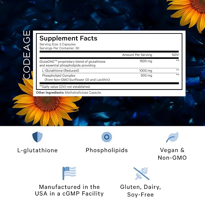 Codeage Liposomal Glutathione 1000 mg Supplement, High-Potency Reduced L-Glutathione - Liposomal Delivery - Phospholipids - Non-GMO, Gluten-Free - 60 Capsules
