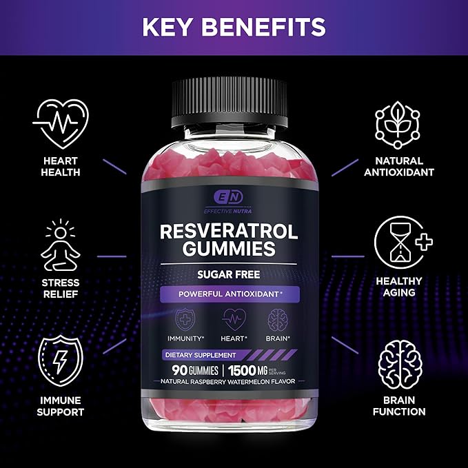 Resveratrol Gummies 1500mg | Sugar-Free Supplement for Antioxidant Support, Immunity, Heart Health, and Brain Function | 45-Day Supply, Natural Berry Flavor, Made in USA (90 Count)