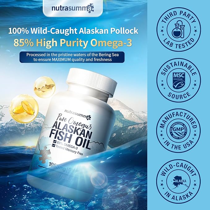 High Purified Omega 3 Supplement Wild Alaskan Fish Oil Burpless & No Fishy Taste, 650mg EPA &270mg DHA of 1250mg Fish Oil softgels, Gluten Free, Heart, Brain& Immune Support, 60 Servings