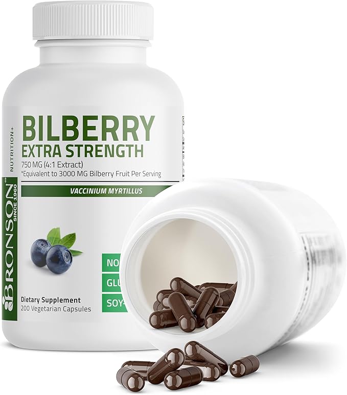 Bronson Bilberry Extra Strength Vaccinium Myrtillus, Promotes Eye Health and Supports Healthy Vision - Non GMO, 200 Vegetarian Capsules