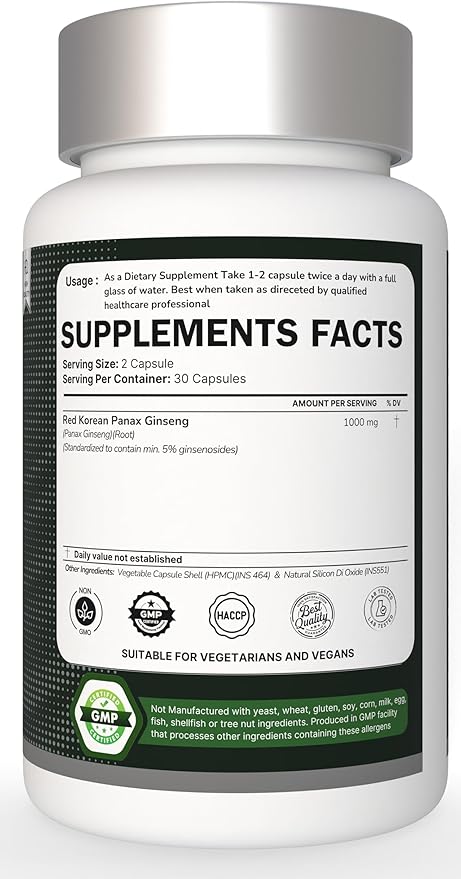 Panax Ginseng Capsule 500 MG Per Serving Energy, Serving for Mood, Cognitive Function and Energy Support, Non-GMO (Pack of 20 Capsule)