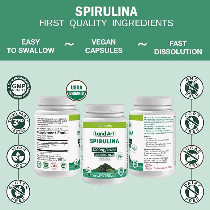Land Art Certified Organic Spirulina - 180 Capsules - Superfood- Rich in Minerals, Vitamins and proteins - Vegan