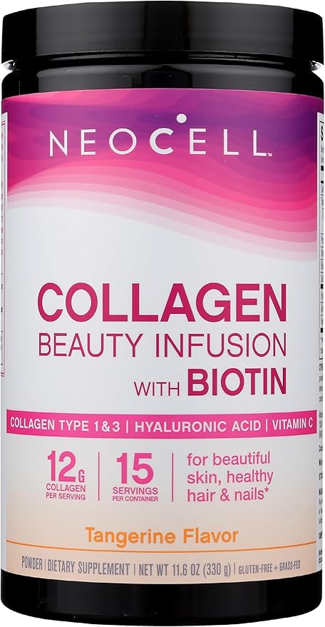 NeoCell Collagen Powder with Biotin, Vitamin C & Hyaluronic Acid, Collagen Type 1 & 3, Beauty Infusion Promotes Beautiful Skin, Healthy Hair & Nail, Gluten Free, Tangerine, 11.64 Oz