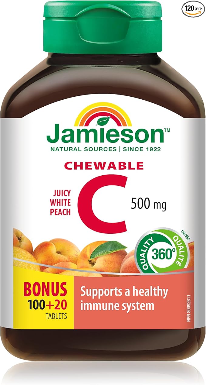 Jamieson Vitamin C Chewables 500 mg - Juicy White Peach Flavour, 120 Tablets